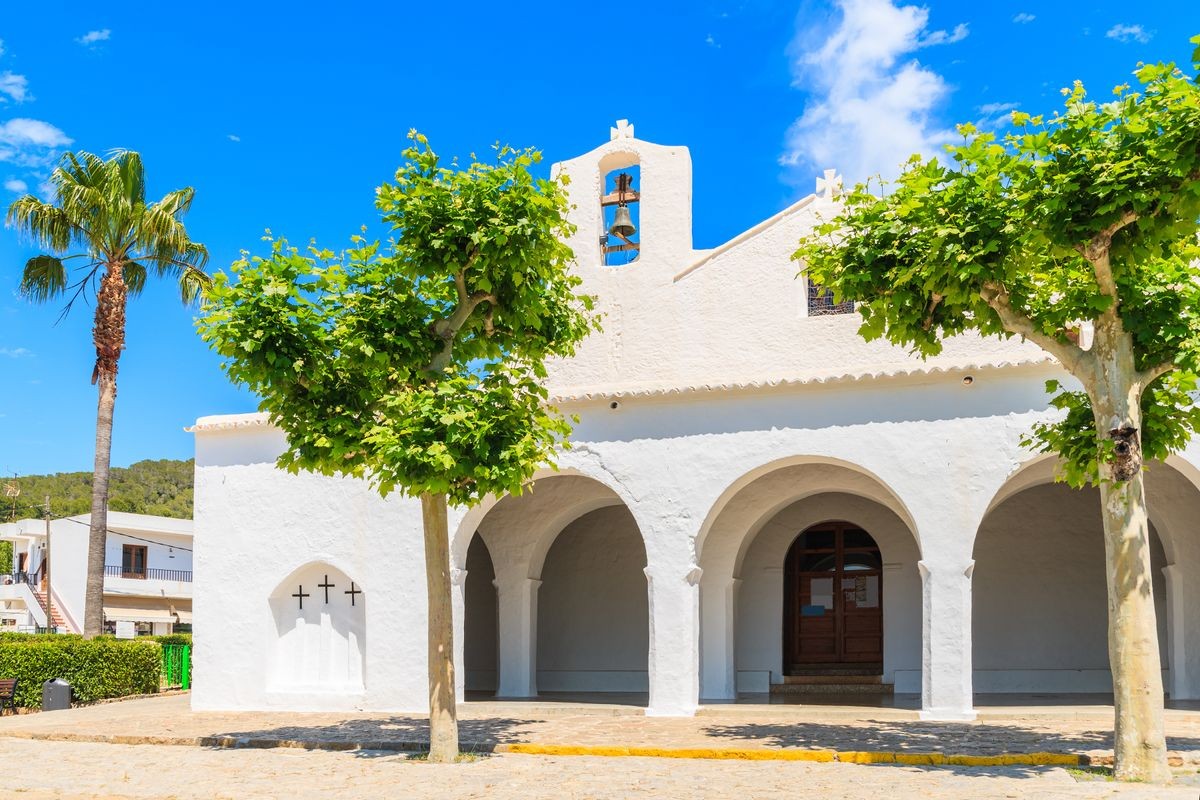 View of beautiful white church in Sant Carles de Peralta village, Ibiza island,Spain